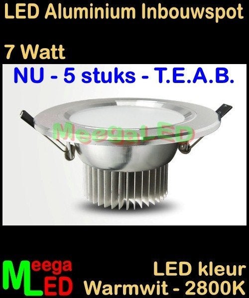 LED Aluminium inbouwspot downlight 7 Watt Warmwit - 5 stuks, Huis en Inrichting, Lampen | Spots, Overige materialen, Nieuw, Overige fittingen