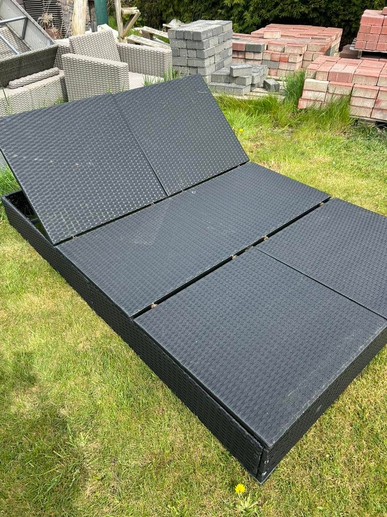 Ligbed 2 persoons met zonnedoek/gordijn, Ophalen, Gebruikt, Aluminium, Verstelbaar