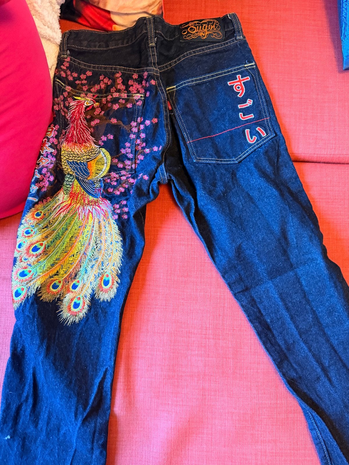 Unieke Sugoi jeans met pauw borduursel, Ophalen of Verzenden, Zo goed als nieuw, Blauw, W27 (confectie 34) of kleiner