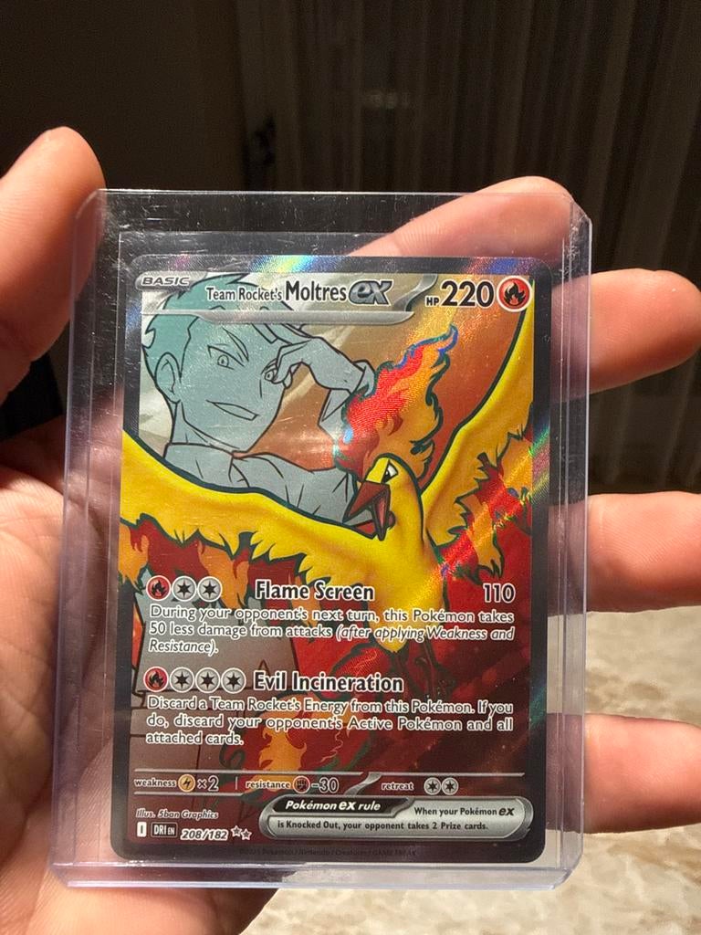 Team Rocket's Moltres EX 208/182 DRI Pokemon kaart, Ophalen of Verzenden, Gebruikt, Losse kaart, Foil