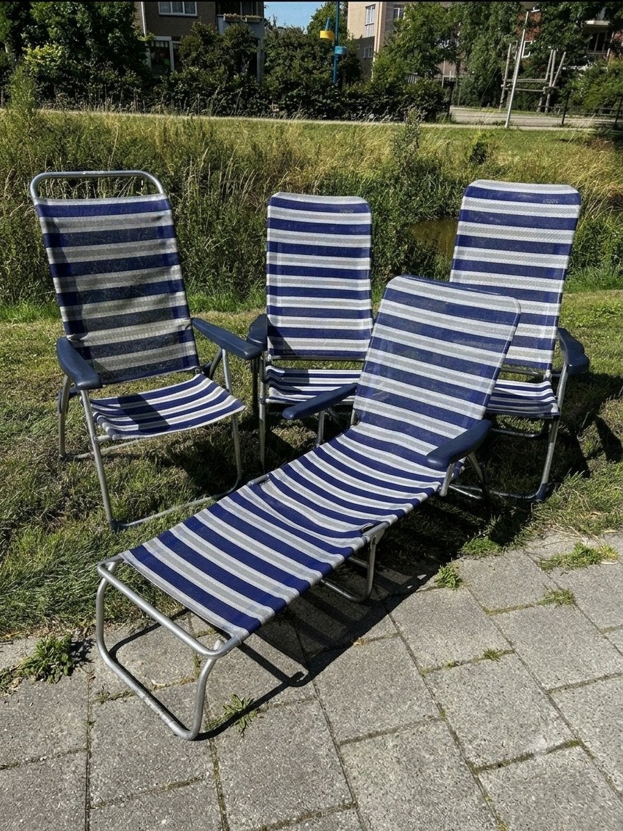 Crespo 3 campingstoelen en ligbed, Ophalen, Gebruikt, Campingstoel