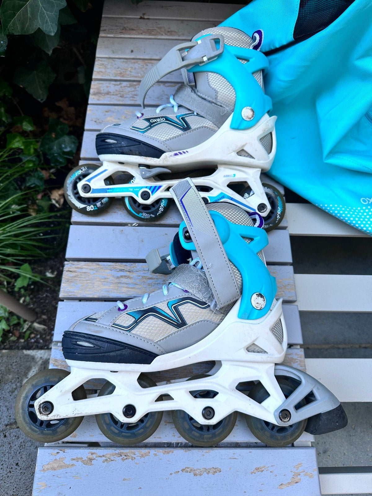 Oxelo Roller Skates Fit 3 JR Turquoise met bescherming, Ophalen of Verzenden, Verstelbaar, Gebruikt, Kinderen
