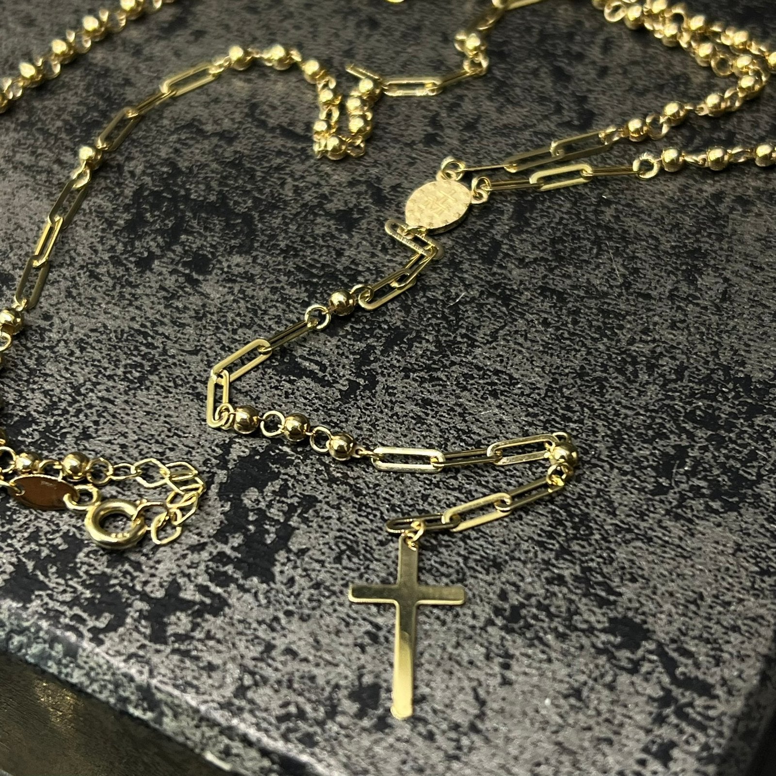 14 karaats gouden rozenkrans kruis ketting nieuw, Ophalen of Verzenden, Nieuw, Goud