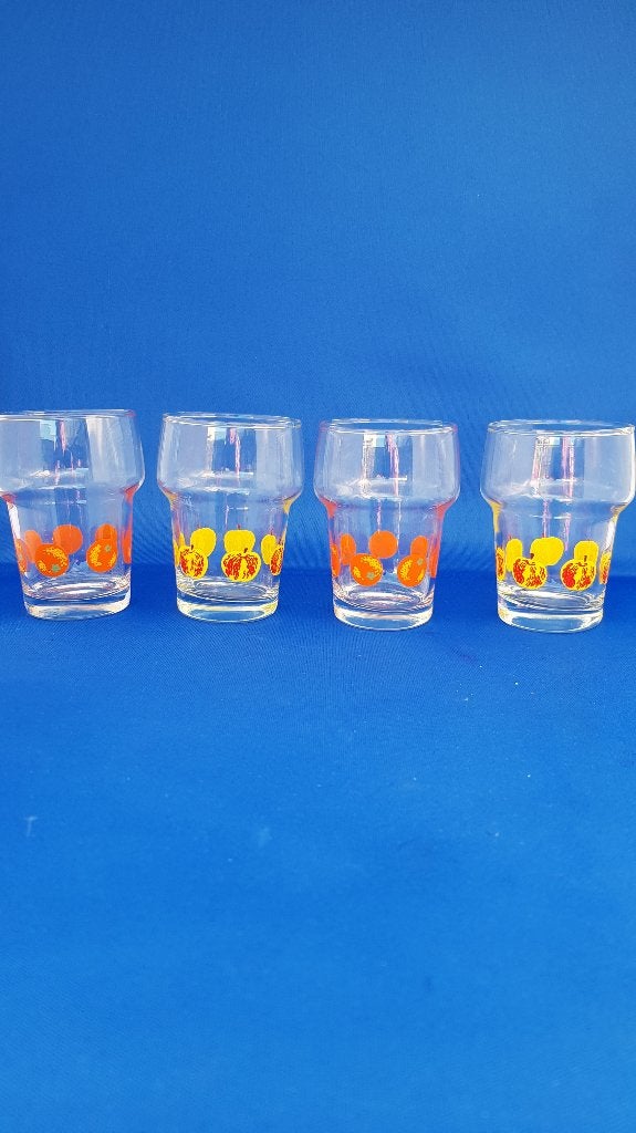 Set van 4 retro vintage limonade glazen fruitmotief. 7B5, Tweedehands verkoop, Tweedehands verkoop, Gebruikt, Ophalen of Verzenden