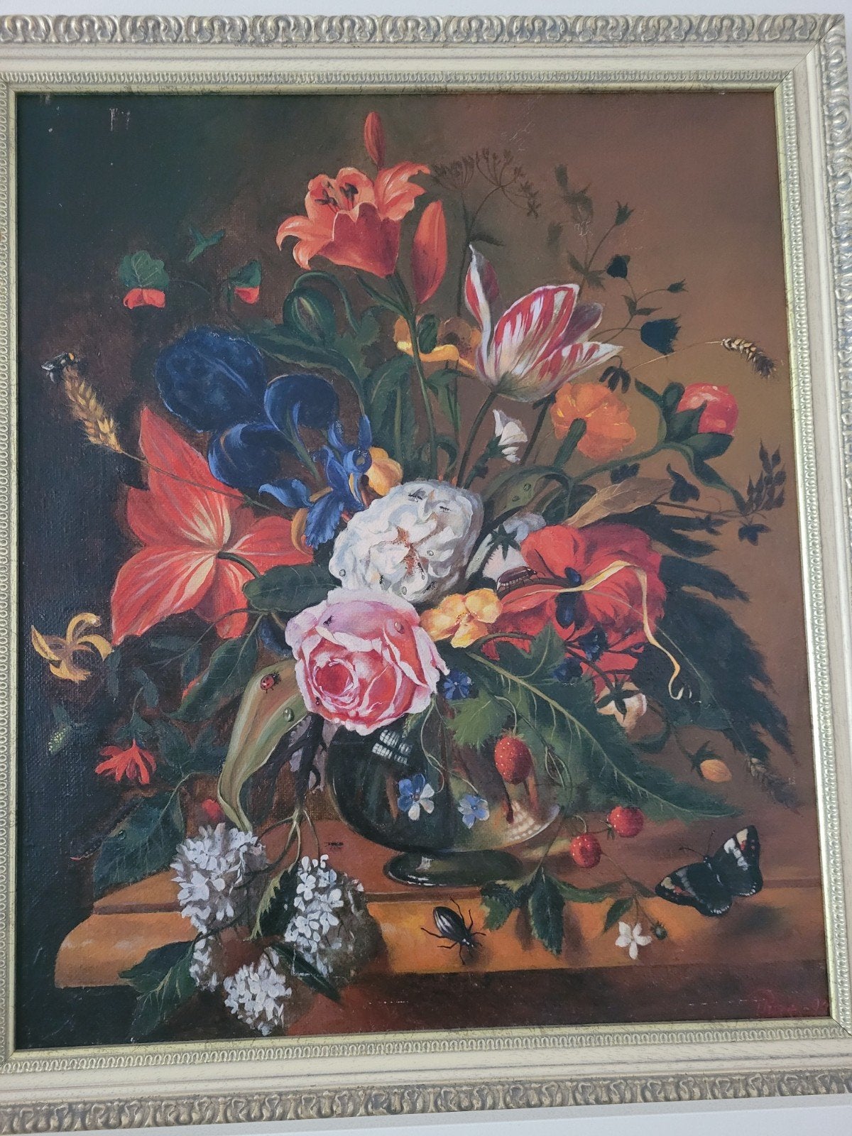 Gesigneerd Stilleven met Bloemen en Insecten - 60x50 cm, Ophalen
