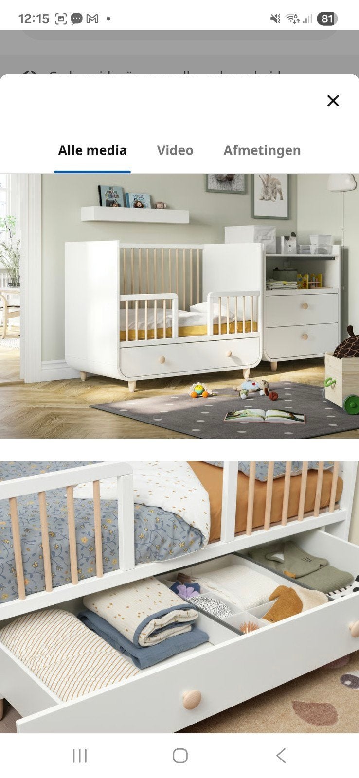 Houten Ikea MYLLRA kinderbedje met lade, Ophalen, Zo goed als nieuw, Jongetje of Meisje