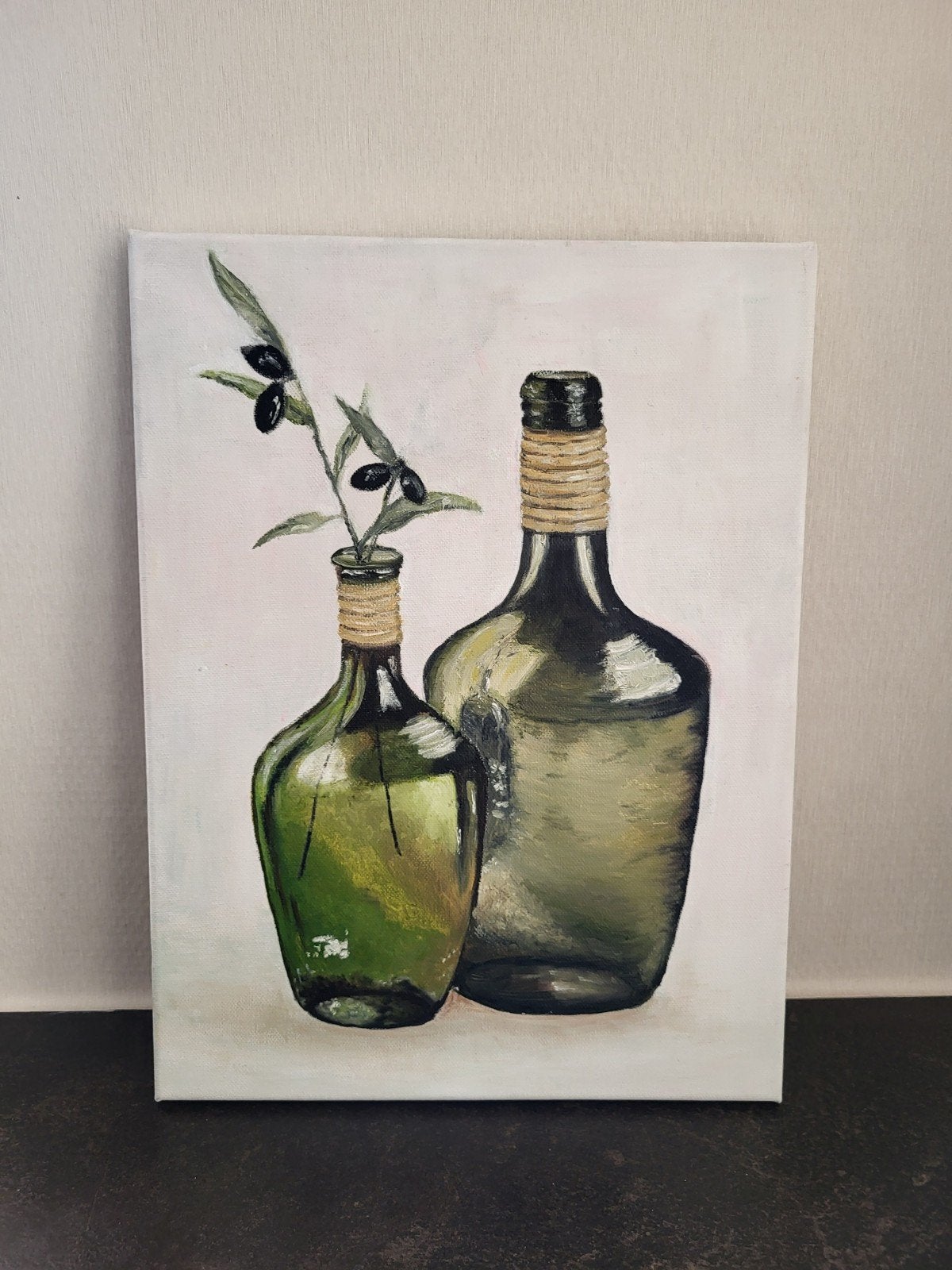 schilderij flessen met olijftak, Ophalen of Verzenden, Nieuw, Minder dan 50 cm, Schilderij