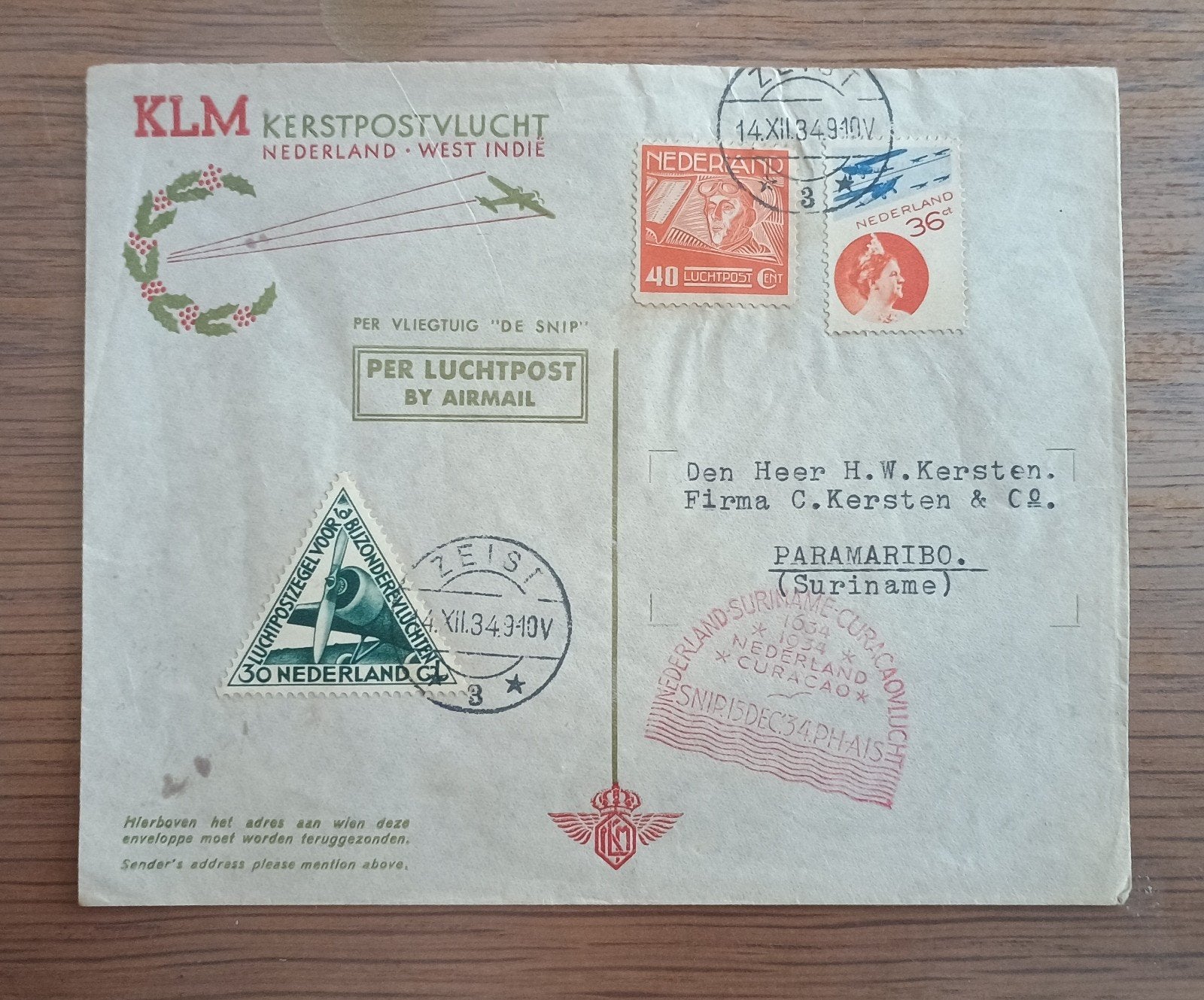 Envelop luchtost 1934 Nederland Suriname West Indië Kerst, Verzenden, Envelop
