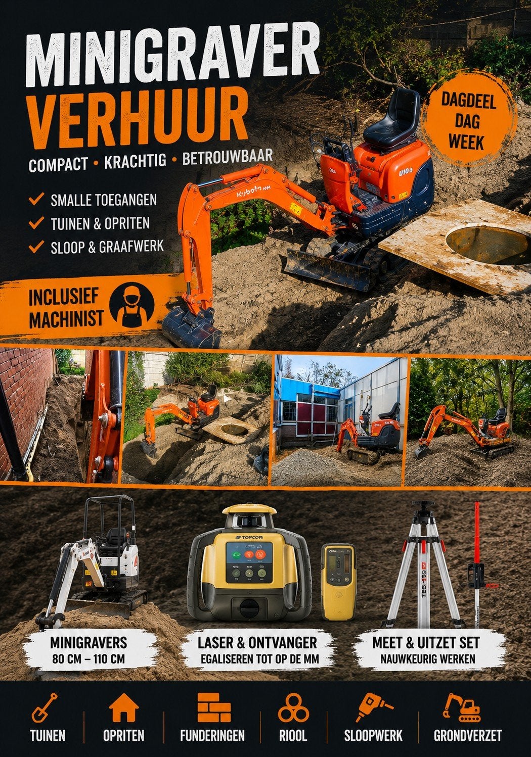 Minikraan & Rupsdumper met Machinist te Huur, Ophalen of Verzenden, Graafmachine