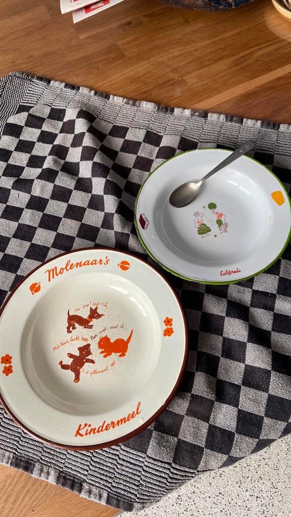 Antiek brocante kinderbordjes, paplepel, Ophalen of Verzenden