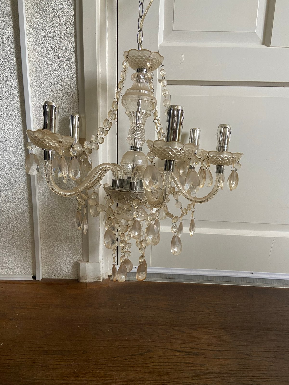 Vintage Kroonluchter met Kristallen - 5-arms, Huis en Inrichting, Ophalen, Gebruikt, Kunststof, E14 (klein)