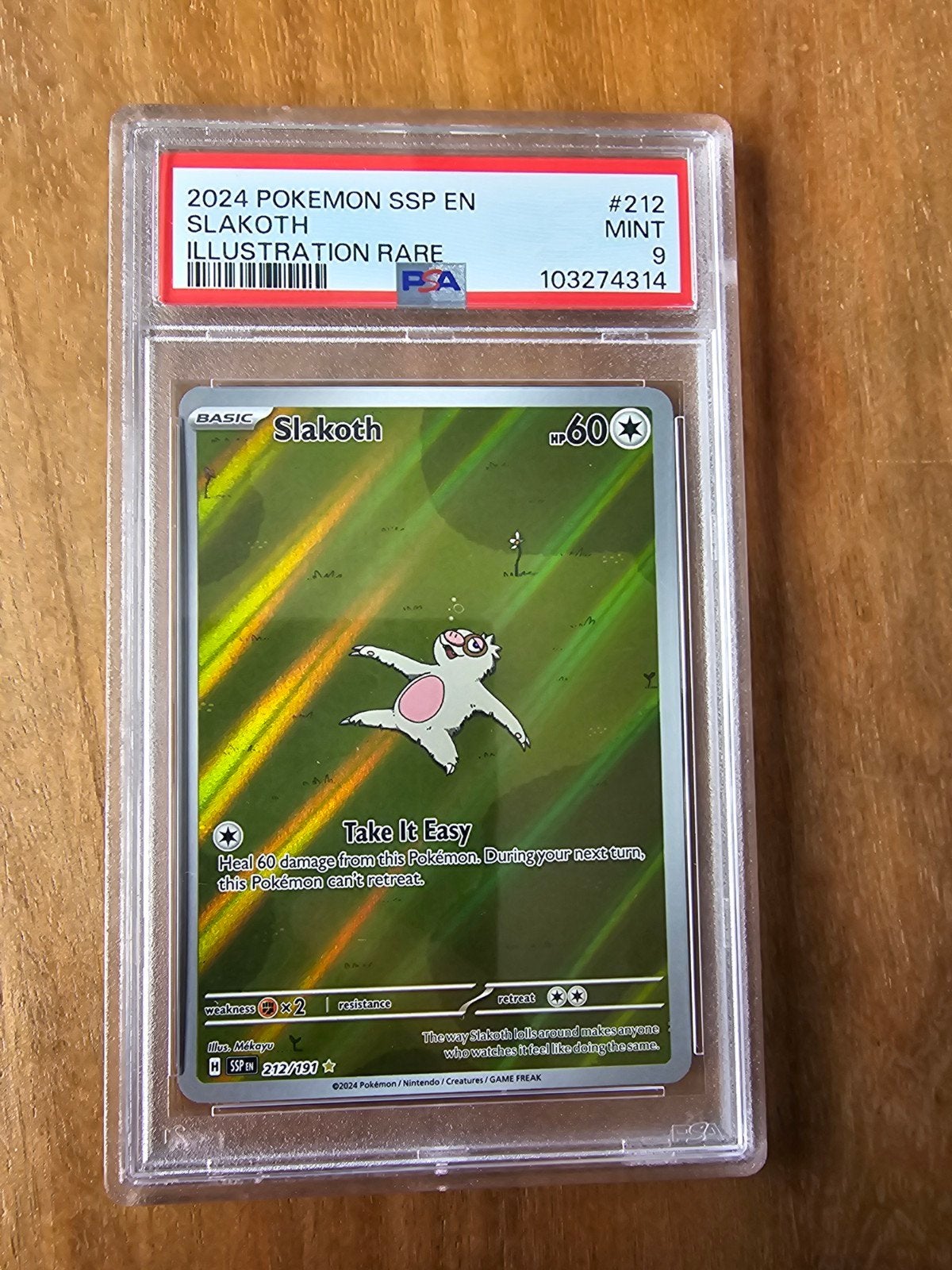 Slakoth 2024 Pokémon SSP EN Illustration Rare PSA 9 Mint, Ophalen of Verzenden, Zo goed als nieuw, Losse kaart