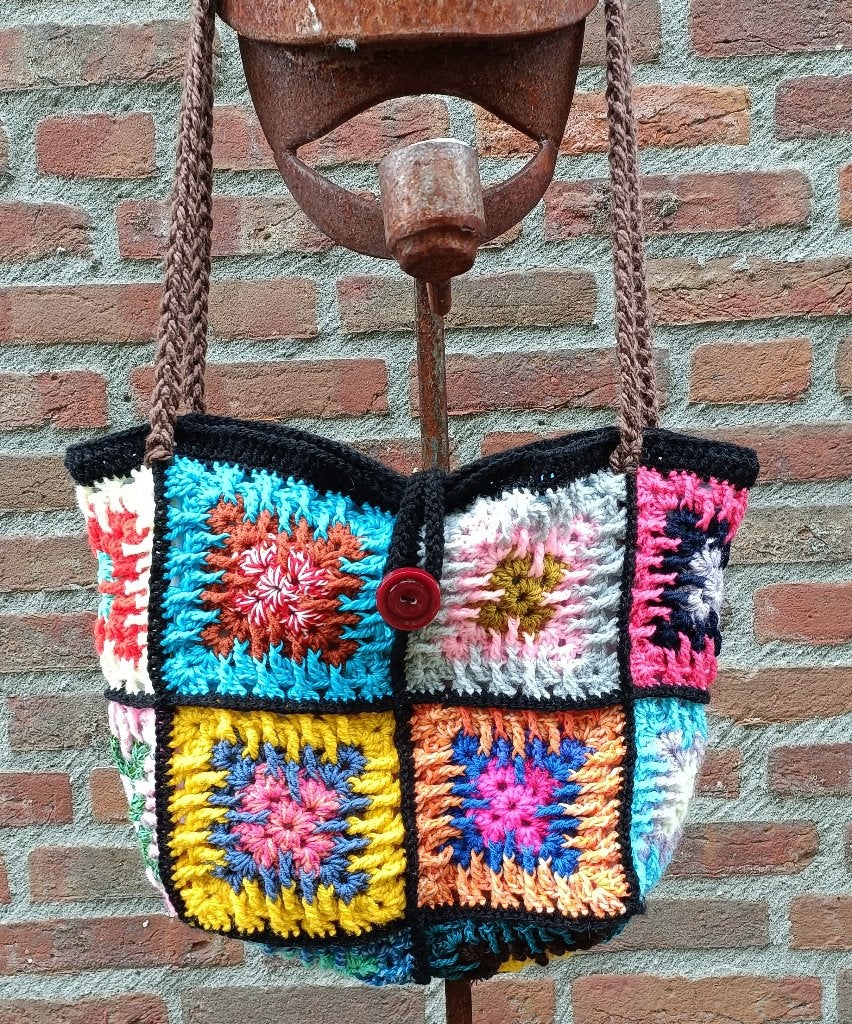 Retro gehaakt granny square festival tas vintage binnen stof, Ophalen of Verzenden, Nieuw, Haken, Overige typen