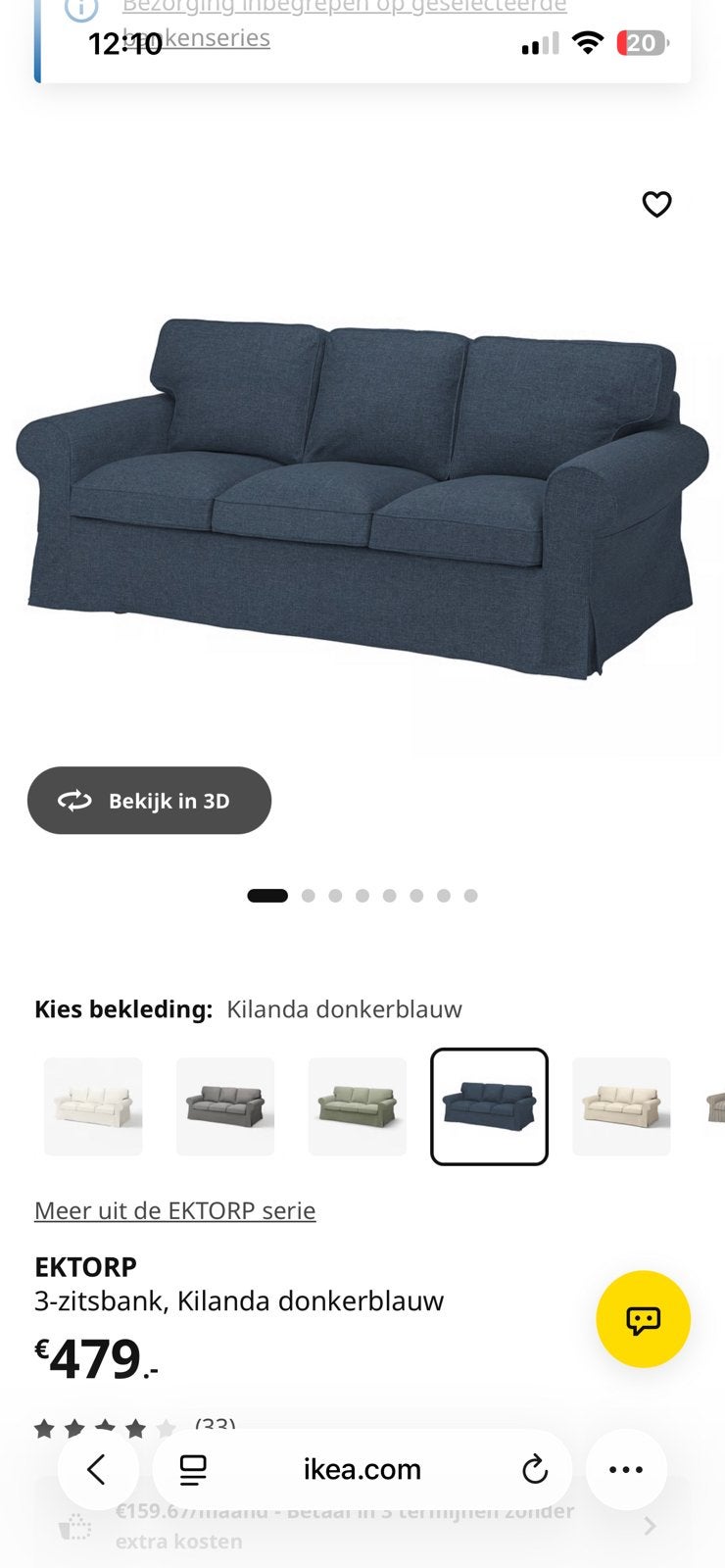Bank Ikea drie zit EKTORP, Gebruikt, Driepersoons, 75 tot 100 cm, Ophalen of Verzenden