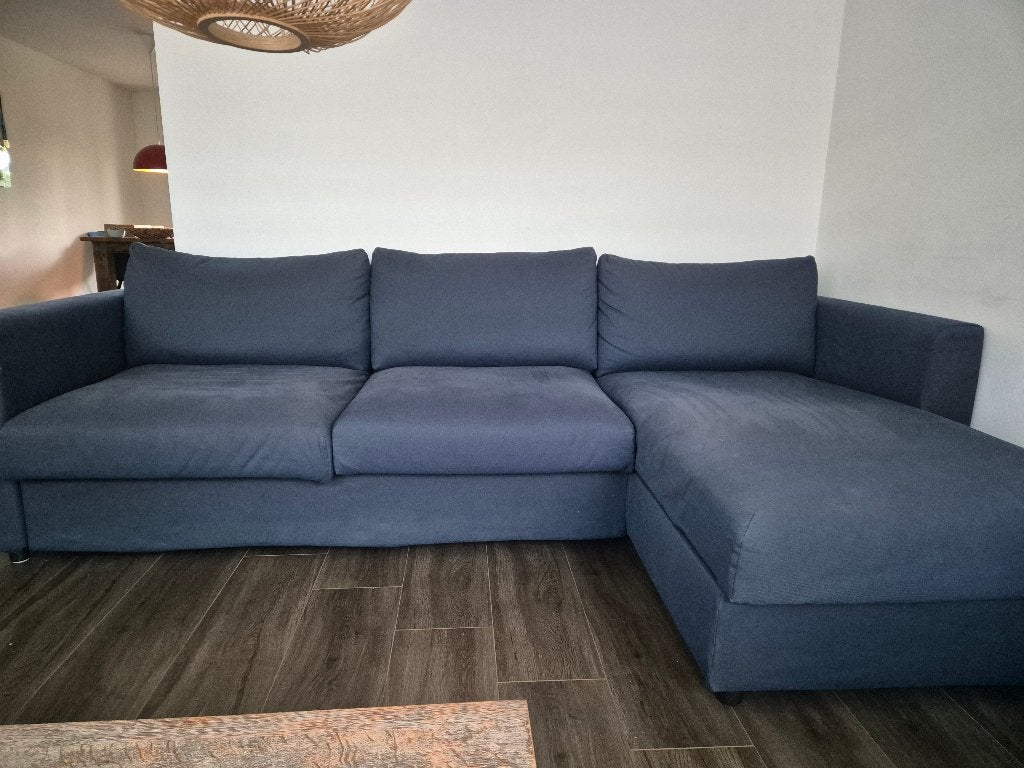 IKEA Vimle 3-zits slaapbank met chaise longue, donkerblauw, Huis en Inrichting, Ophalen, Blauw, Tweepersoons, Zo goed als nieuw