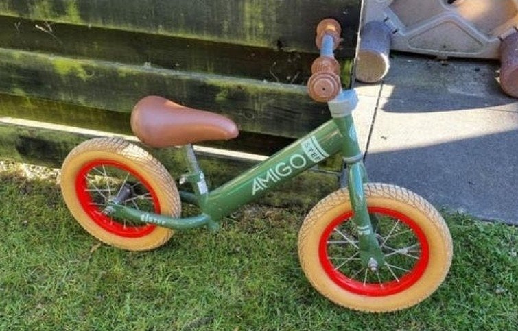 Amigo loopfiets groen met bruin zadel, Ophalen, Gebruikt, Loopfiets