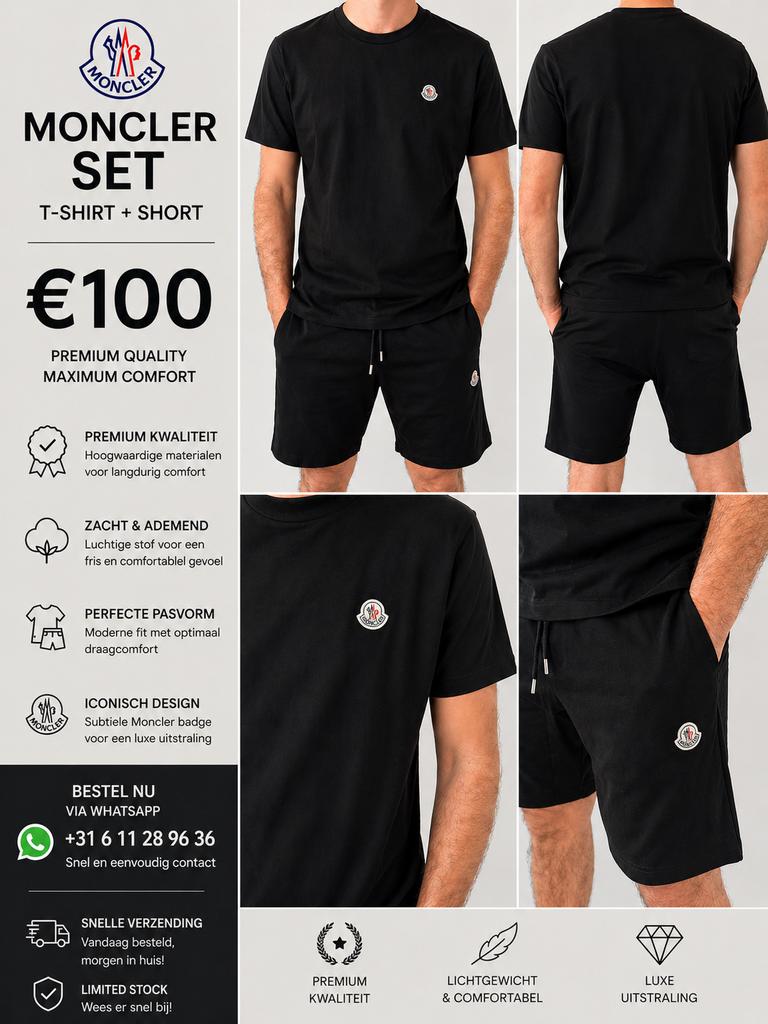 Moncler Set T-shirt + Short - Premium Kwaliteit, Ophalen of Verzenden, Nieuw, Overige maten, Zwart
