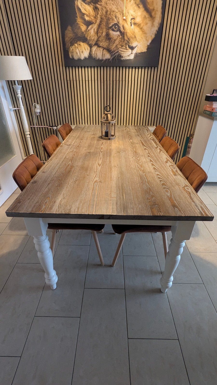 Houten Keuken-/Eettafel - Wit Onderstel, Bruin Blad, Ophalen, Gebruikt, 50 tot 100 cm, Vijf personen of meer