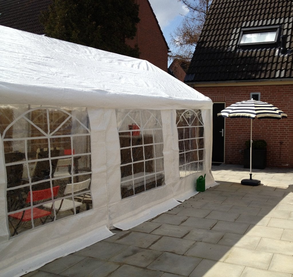 Partytent 4m x 8m met sterke ijzeren buizen, kleur wit, Ophalen, Gebruikt, Partytent, 4 tot 6 meter