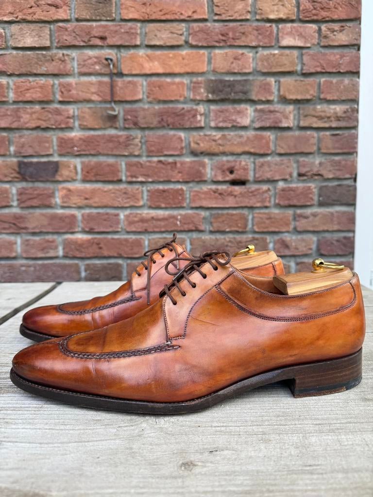 Santoni | Cognac derby | Split-toe Y-naad |Hogere lijn |  43, Bruin, Ophalen of Verzenden, Gedragen, Veterschoenen