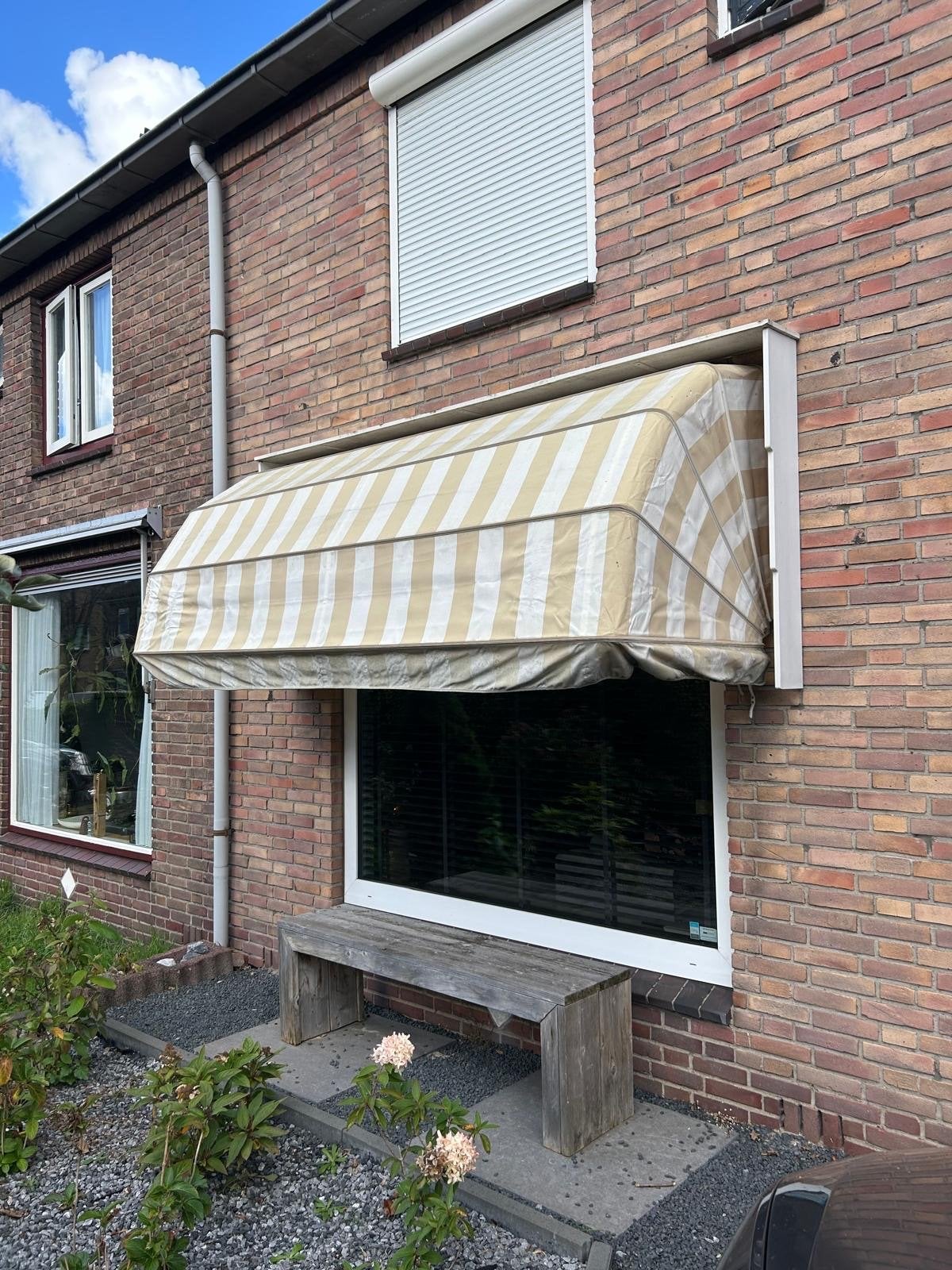 Markies - Beige/wit gestreept zonnescherm, Ophalen, Gebruikt, 150 tot 300 cm, 250 cm tot 450 cm