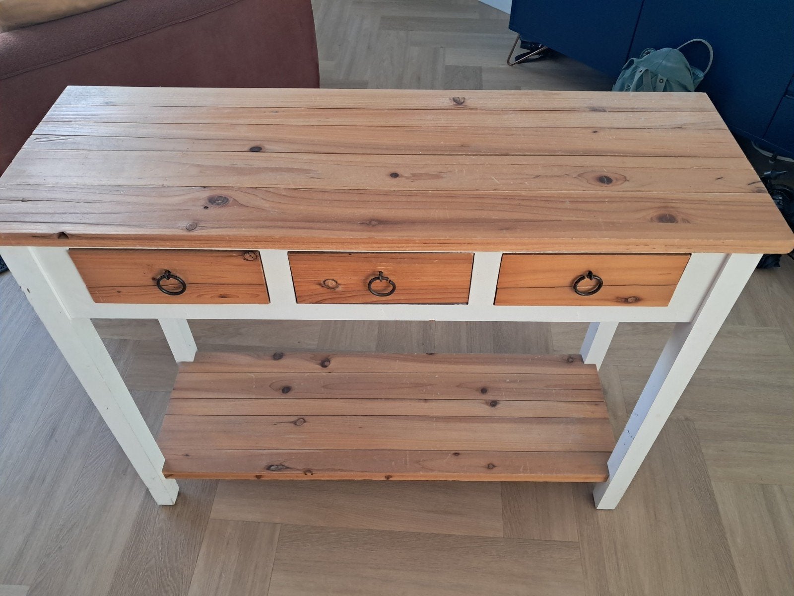 Houten sidetable met lades en opbergplank, Huis en Inrichting, Ophalen, Gebruikt, 100 tot 150 cm, Minder dan 50 cm