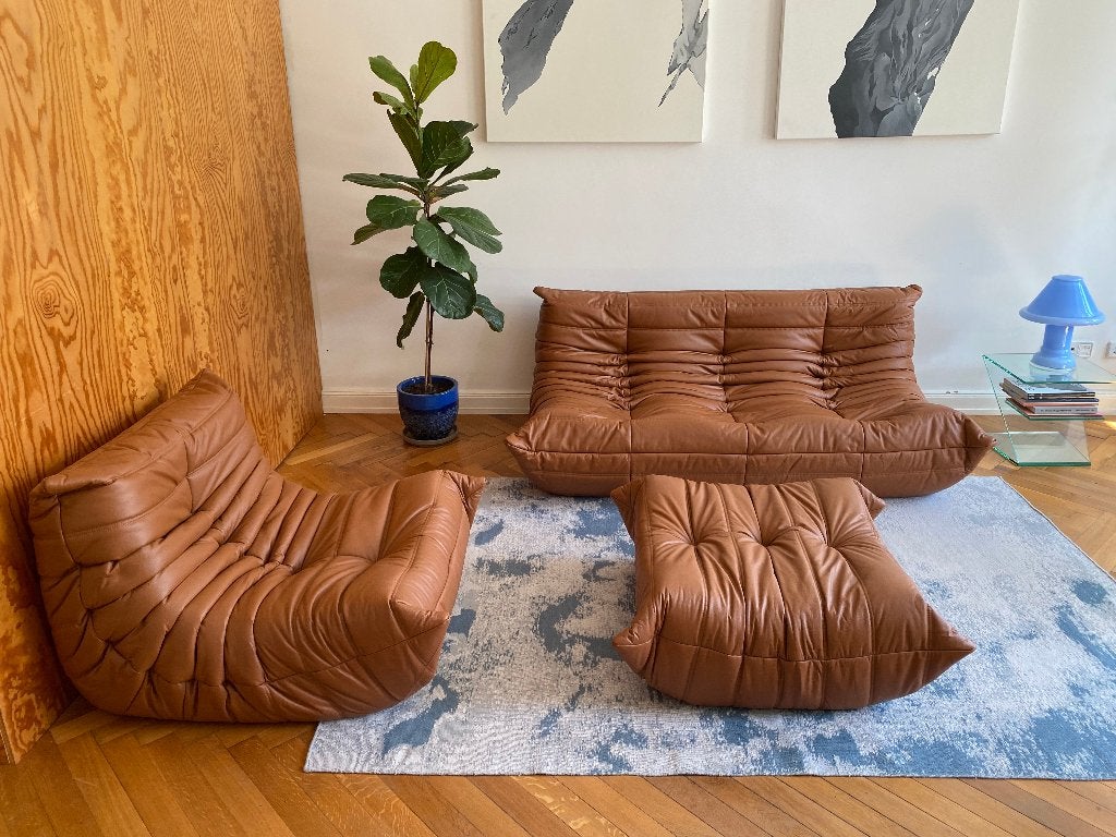 Ligne Roset - Togo - Bank Set - Bruin Leer - Gratis levering, 150 tot 200 cm, Leer, Zo goed als nieuw, Rechte bank