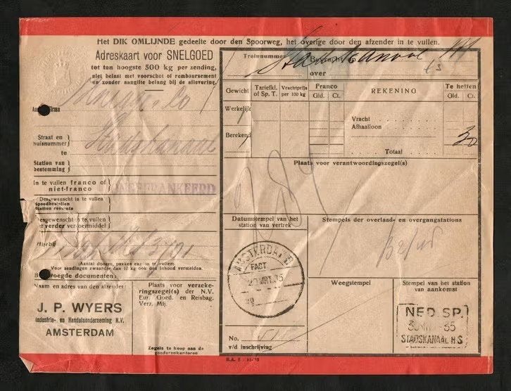 Stadskanaal Vrachtbrief Knigge Ned. Spoorwegen 1935., Ophalen of Verzenden, Gebruikt