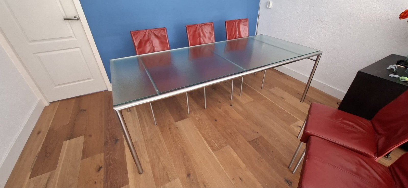 Glazen tafel met 6 stoelen, Huis en Inrichting, Ophalen, Zo goed als nieuw, Modern, Vijf, Zes of meer stoelen