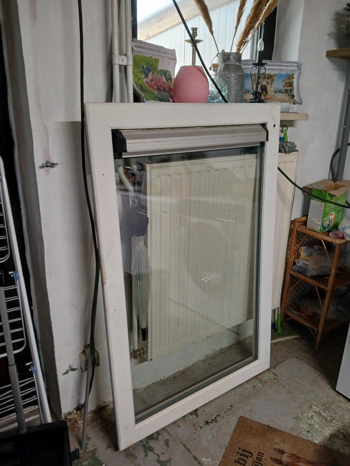 Kunststof kozijn,dubbel glas, afmeting 1.37 hoog x 90 breedt, Kunststof, Gebruikt, Raamkozijn, Inclusief glas
