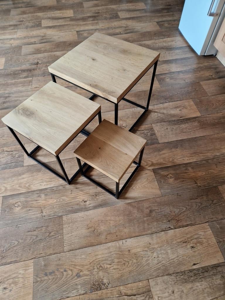 Eiken/Metaal Salontafel Set, Minder dan 55 cm, Gebruikt, Vierkant, Hout