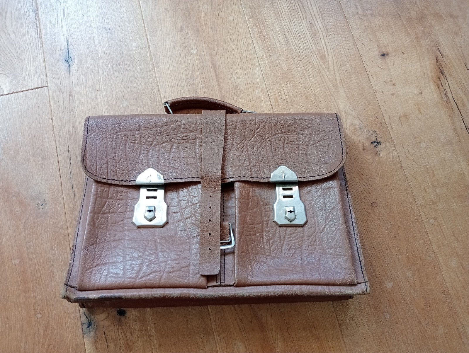 Schooltas vintage, Gebruikt, Bruin, Rugtas, Leer