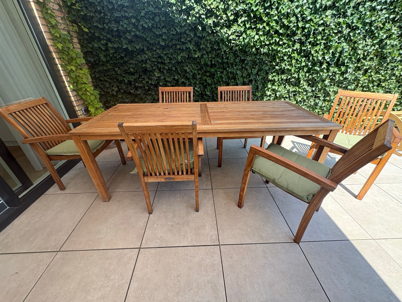 Tuinset teak 210x90 Sunyard incl 6 stoelen en kussens, Ophalen, Gebruikt, Teakhout
