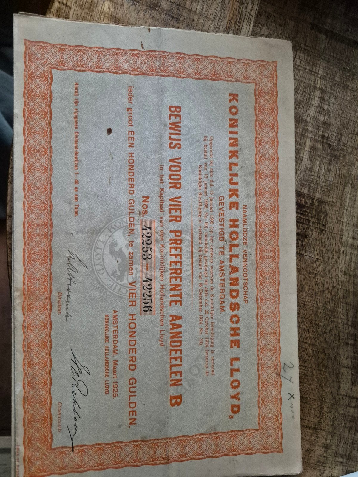 Oude aandelen en obligaties Koninklijke Hollandsche Lloyd, Ophalen of Verzenden, Aandeel