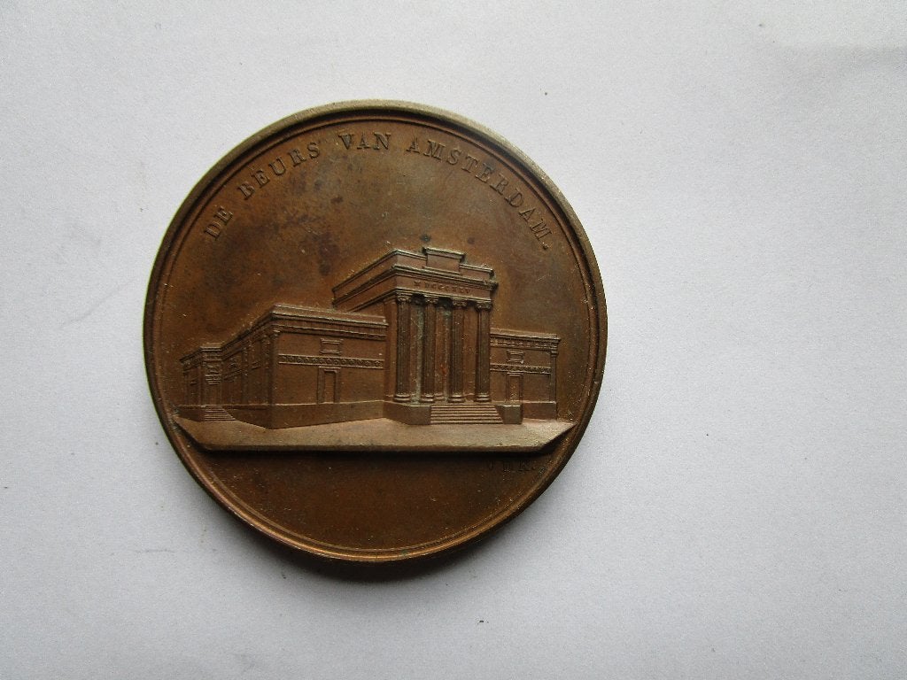 Bronzen penning opening nieuw beursgebouw Amsterdam 1845, Verzenden, Brons, Nederland