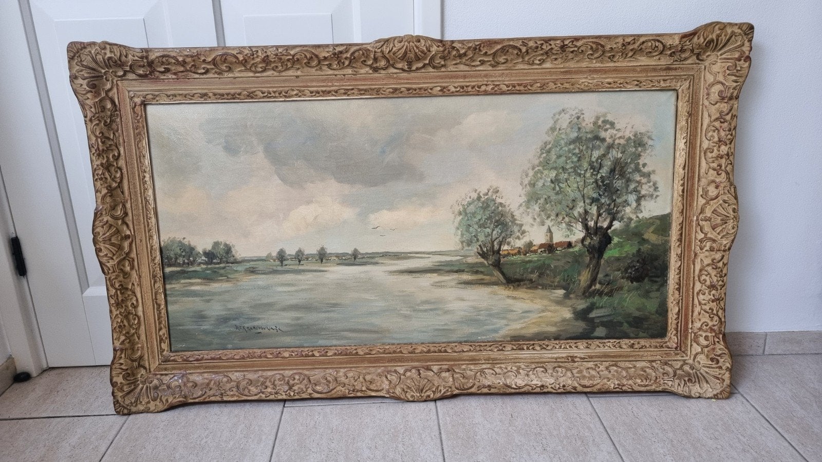 Klassiek Landschap Schilderij: Rivier met Bomen en Dorp, Antiek en Kunst, Doek, Origineel werk, Ophalen of Verzenden, Landschap