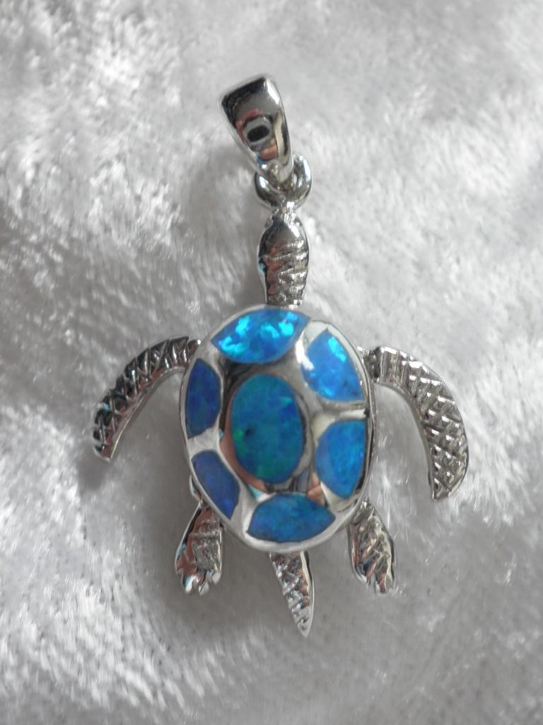 Mooie Zilveren Hanger met Blauwe Opaal - Bol Schildpadje, Sieraden, Tassen en Uiterlijk, Antieke sieraden, Verzenden, Zilver, Hanger