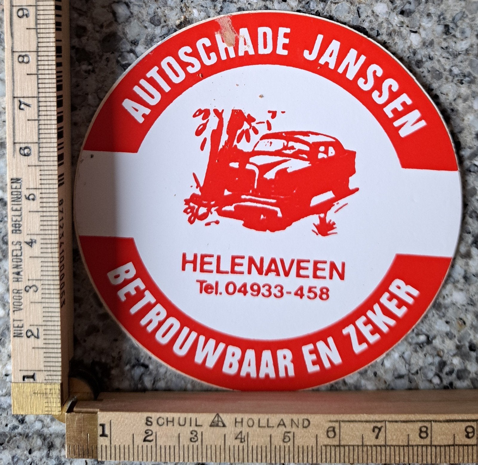 Vintage sticker Autoschade Janssen Oude Mercedes Helenaveen, Ophalen of Verzenden, Zo goed als nieuw, Auto of Motor