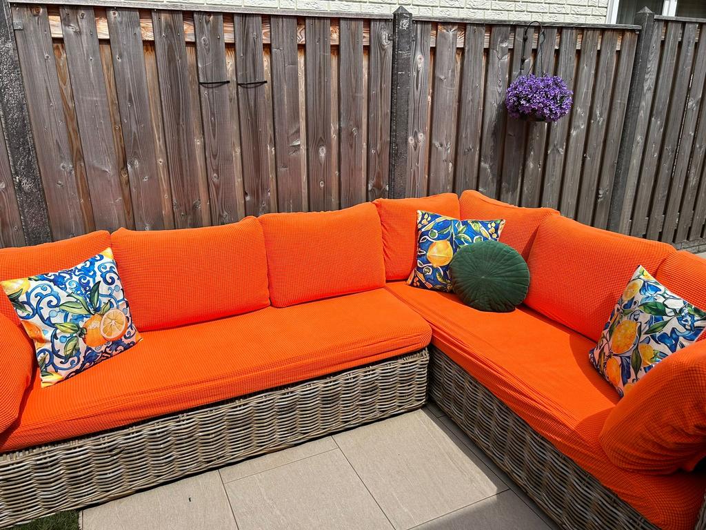 Luxe L-vorm tuinset + grote tafel + salontafel + stoelen, Tuin en Terras, Tuintafels, Ophalen, Gebruikt, Rechthoekig, Wicker