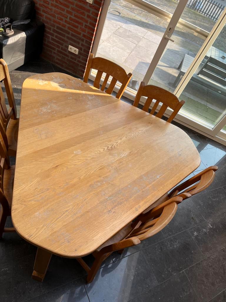 Driehoek eiken eettafel met 6 stoelen, Huis en Inrichting, Tafels | Eettafels, Ophalen, Gebruikt, 100 tot 150 cm, Eikenhout