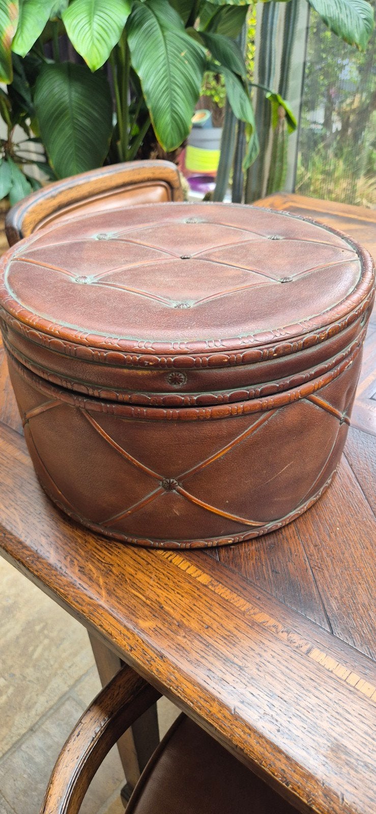 Vintage Leren Opbergdoos met Decoratief Patroon, Ophalen of Verzenden