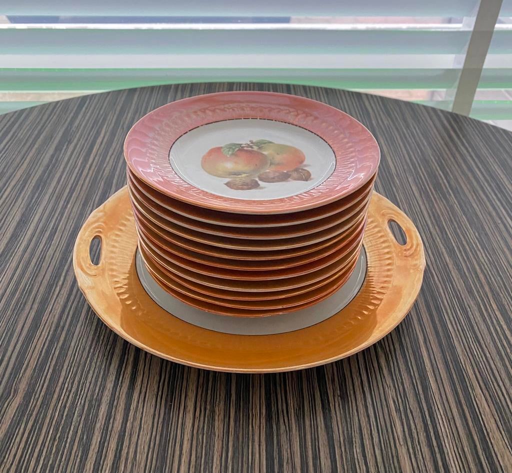 Vintage taart serveer set - schaal + 11 bordjes, Antiek en Kunst, Antiek | Porselein, Ophalen