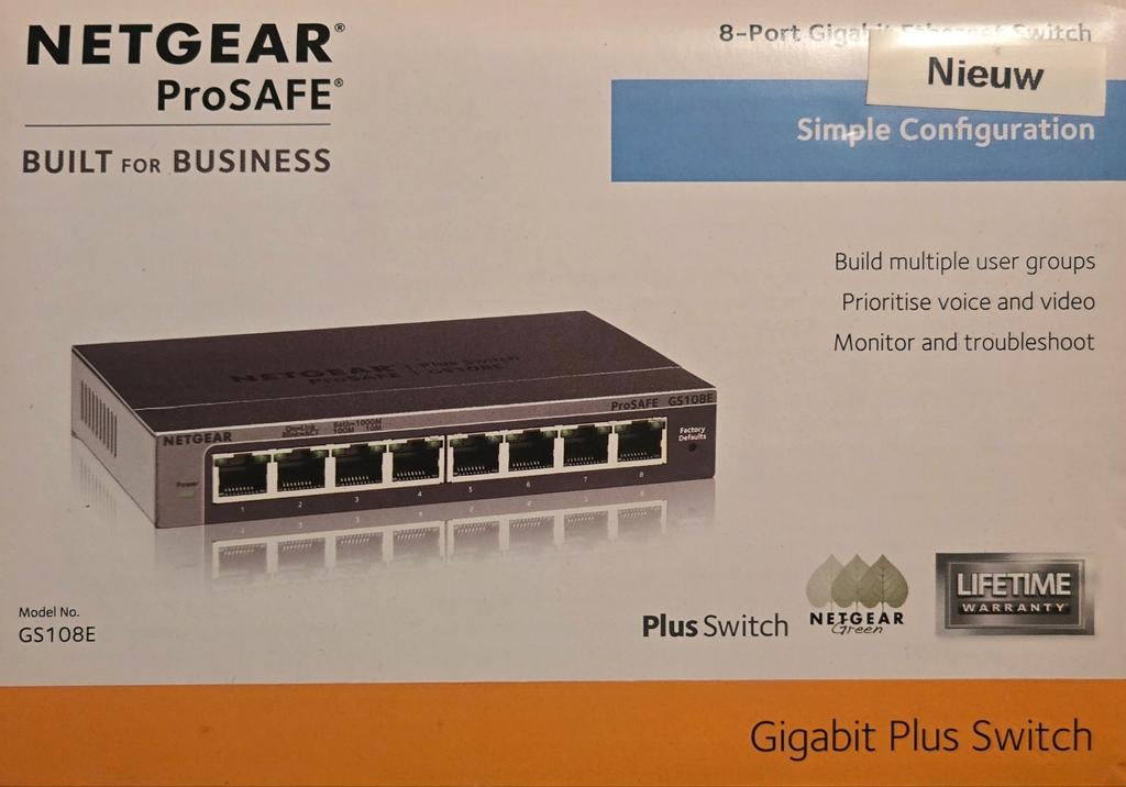 NETGEAR ProSAFE GS108E 8-poorts Gigabit Plus Switch, Computers en Software, Netwerk switches, Ophalen, Zo goed als nieuw