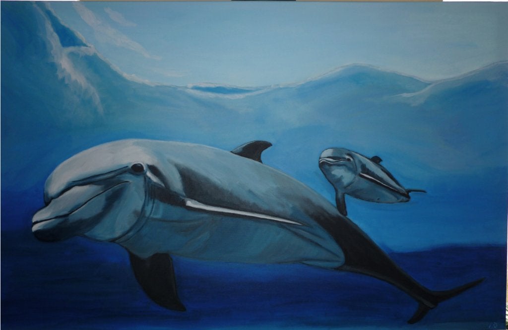 Dolfijnen, Ophalen, Acrylverf, Doek, Realistisch