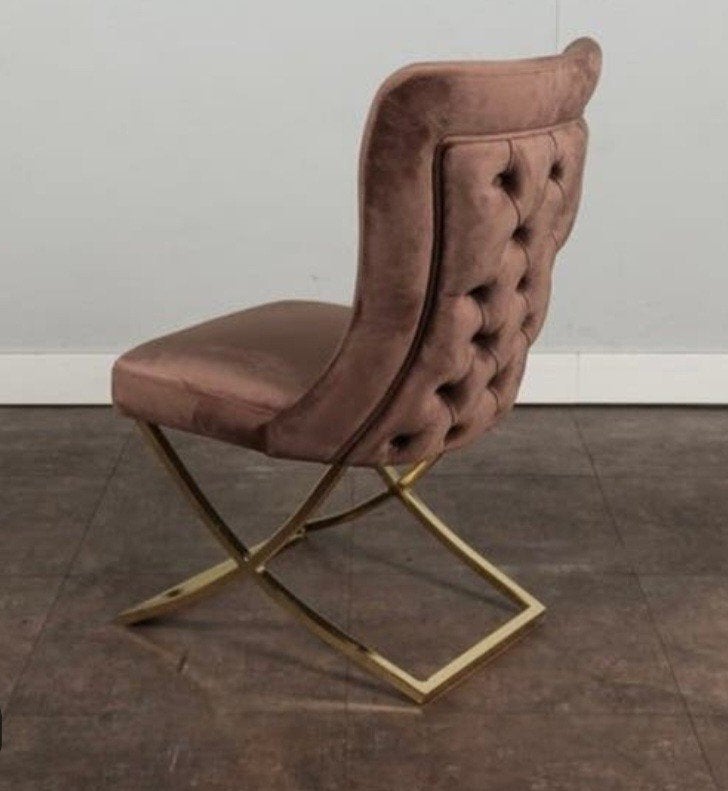 4 bruine fluwelen eetkamerstoelen-metalen onderstel, Ophalen, Metaal, Vier
