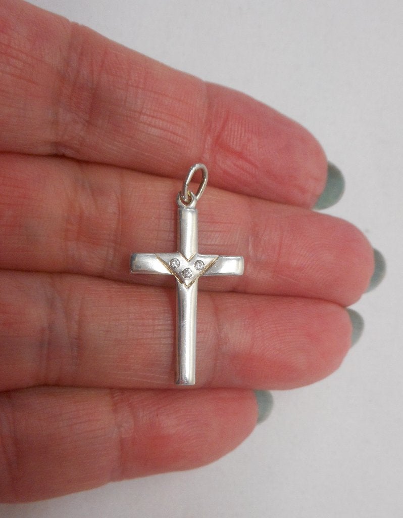 Zilveren kruis hangertje met 3 steentjes nr.342, Verzenden, Zo goed als nieuw, Kruis of Symbool, Zilver