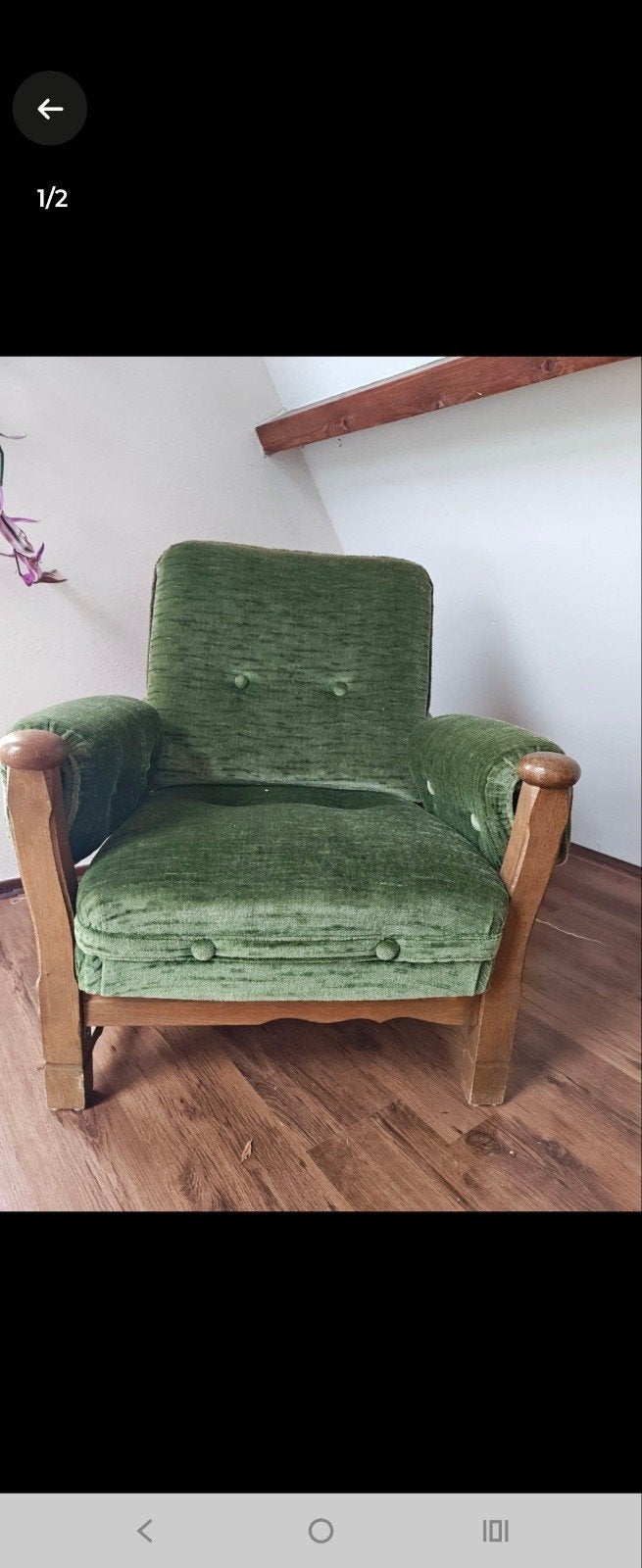Vintage Groene Fauteuil met Houten Frame - gratis, Gebruikt, Minder dan 75 cm, Stof, 50 tot 75 cm