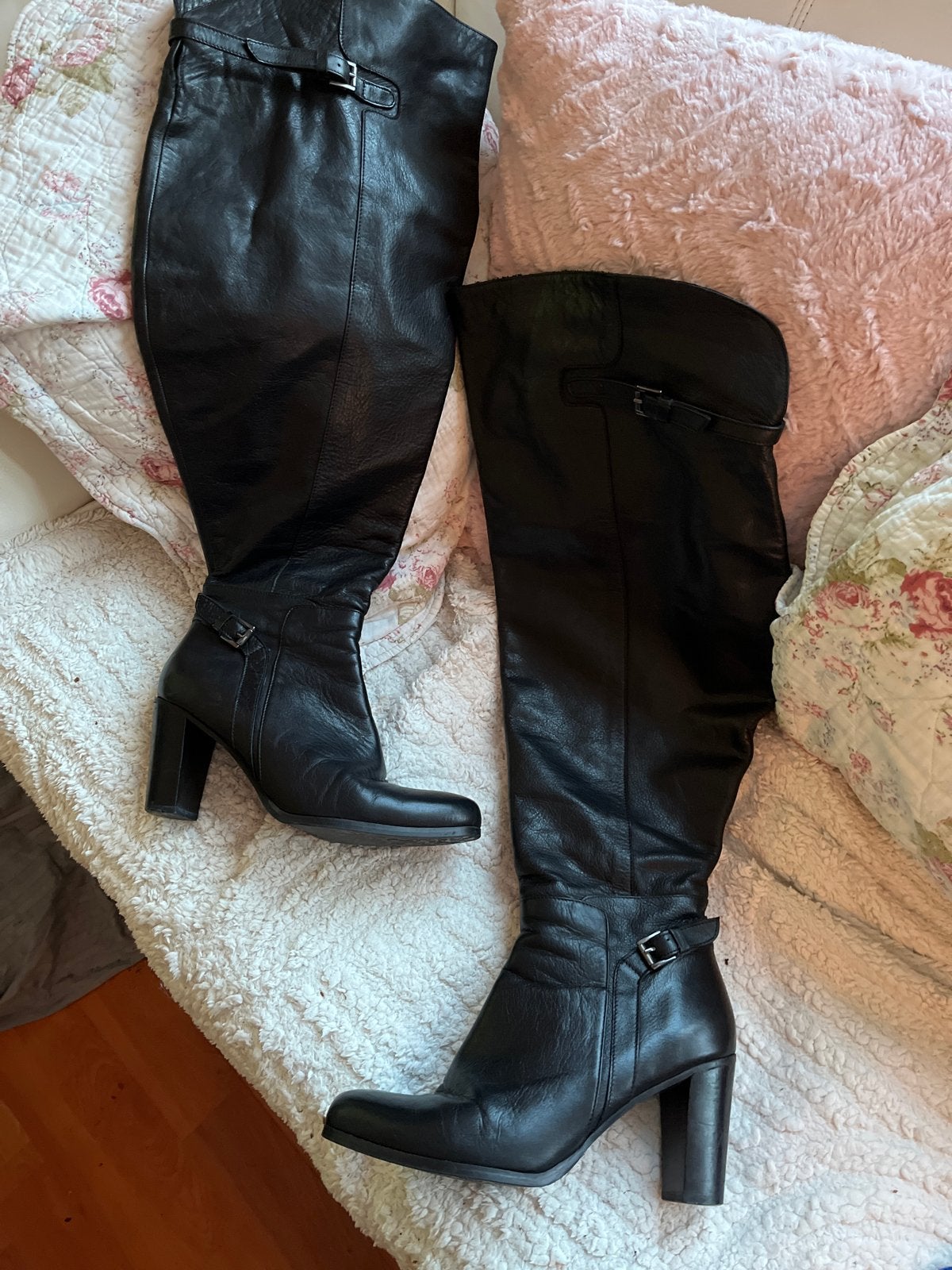 Duo zwarte leren overknee laarzen met hak, Ophalen of Verzenden, Zo goed als nieuw, Zwart, Hoge laarzen