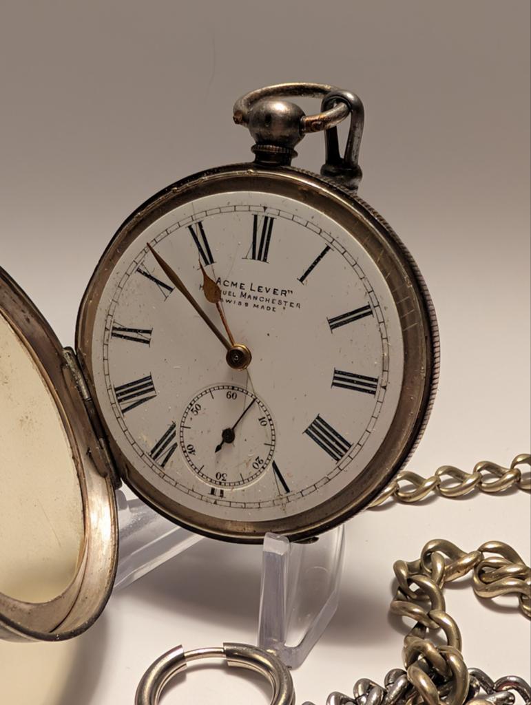 Antiek zilveren zakhorloge "Acme Lever" uit 1895, Ophalen of Verzenden, Zilver, Overige typen
