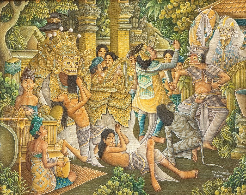 Indonesisch schilderij offer scene I ny. Sunawaha circa 1960, Antiek en Kunst, Kunst | Schilderijen | Klassiek, Ophalen, Gesigneerd